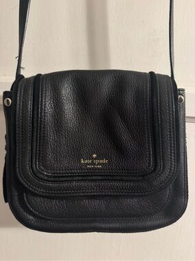 kate spade Black Pebbled Leather Flap Crossbody with Gold Logo